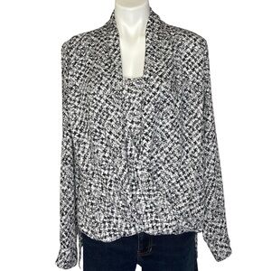 VINCE CAMUTO Blouse Abstract Houndstooth Draped Faux Wrap Long Sleeve Top Large